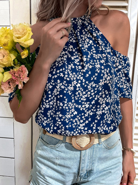 Ditsy Floral Print Cold Shoulder Blouse