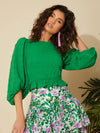 Lace Up Back Lantern Sleeve Peplum Blouse