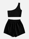 Solid One Shoulder Top Drawstring Shorts Set