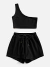 Solid One Shoulder Top Drawstring Shorts Set