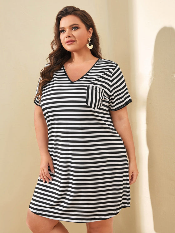 Plus Striped Patched Pocket Tee Dress