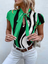 Block Striped Tie Neck Blouse