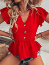 Flutter Sleeve Fake Button Peplum Hem Blouse