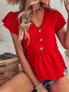 Flutter Sleeve Fake Button Peplum Hem Blouse