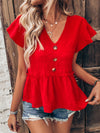 Flutter Sleeve Fake Button Peplum Hem Blouse