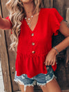 Flutter Sleeve Fake Button Peplum Hem Blouse