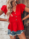 Flutter Sleeve Fake Button Peplum Hem Blouse