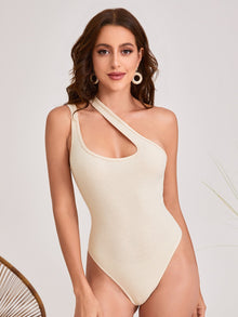  One Shoulder Cut Out Neck Rib knit Bodysuit