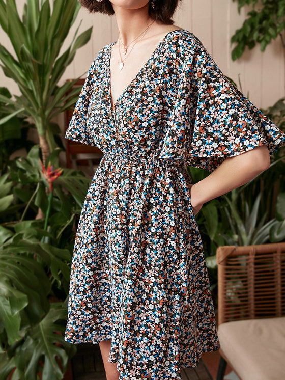 Ditsy Floral Print Tie Back Cutout A line Dress