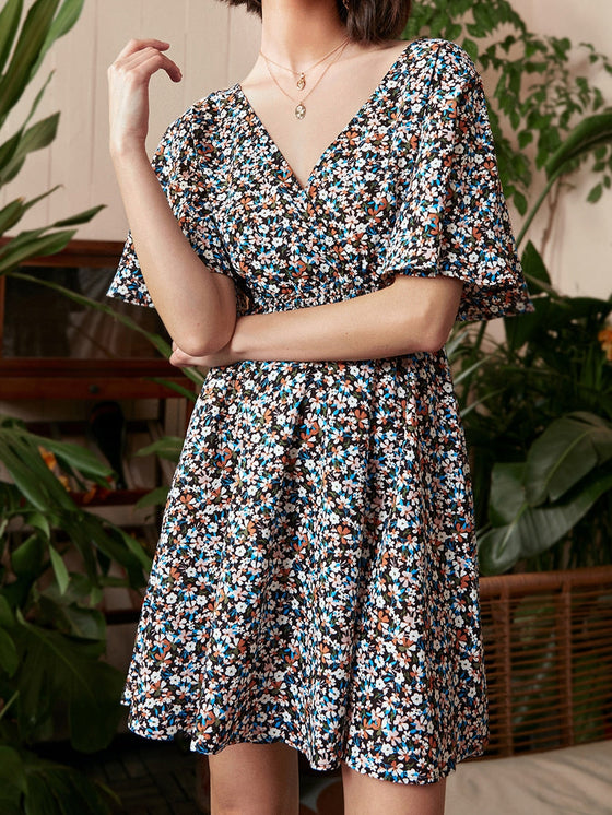 Ditsy Floral Print Tie Back Cutout A line Dress
