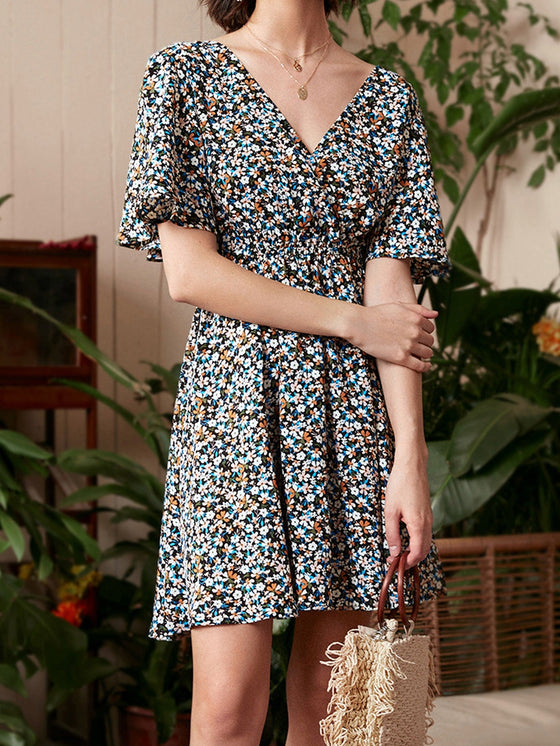 Ditsy Floral Print Tie Back Cutout A line Dress