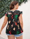Plus Cactus Print Ruffle Trim Blouse