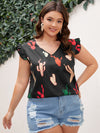 Plus Cactus Print Ruffle Trim Blouse
