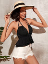 Swiss Dot Tie Backless Knot Front Ruffle Hem Halter Top