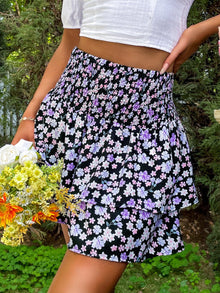  Floral Print Shirred Waist Layered Hem Skirt