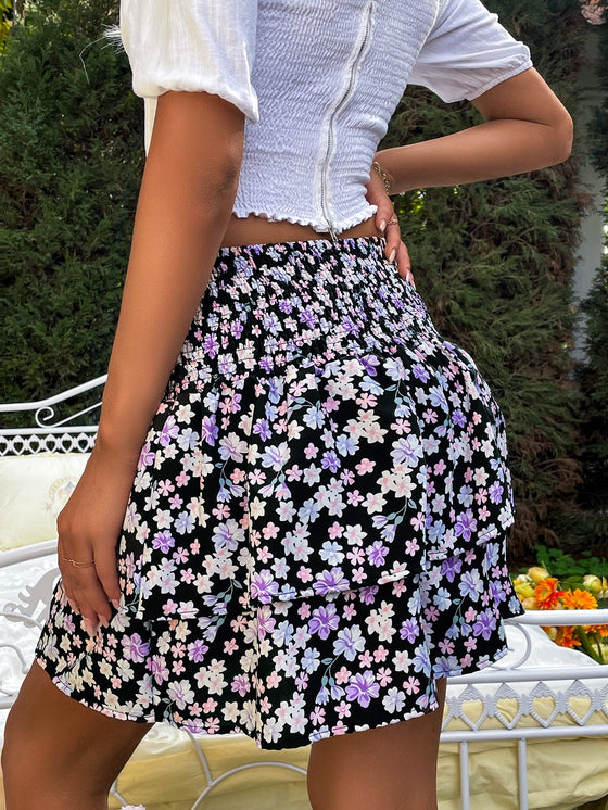 Floral Print Shirred Waist Layered Hem Skirt