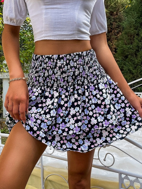 Floral Print Shirred Waist Layered Hem Skirt