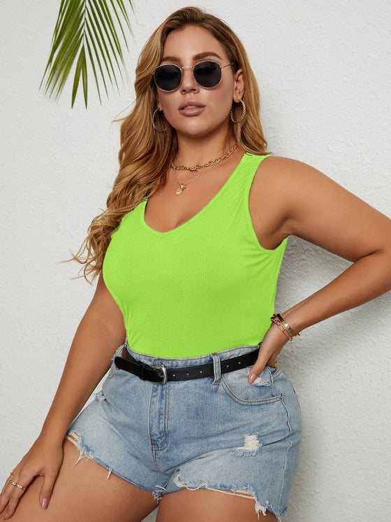 Plus Rib Knit Scoop Neck Solid Tank Top