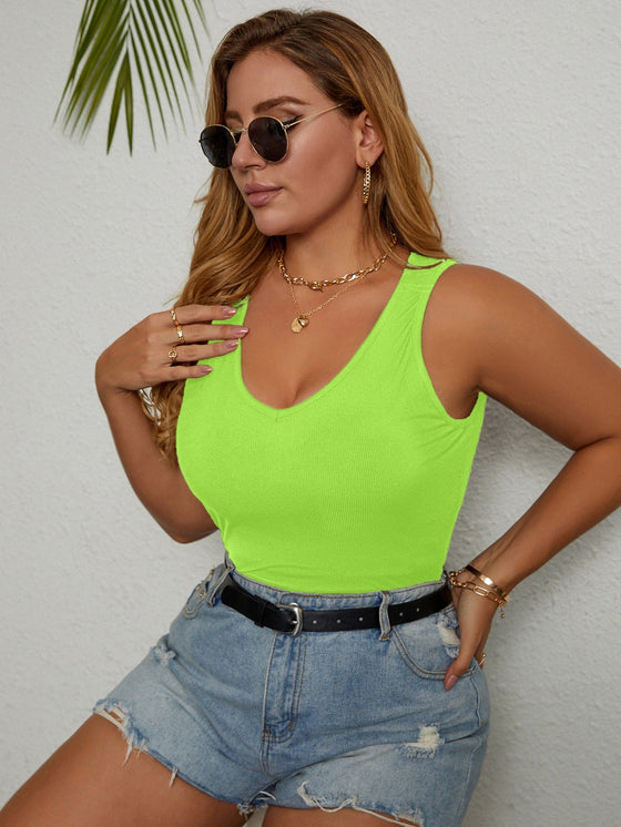 Plus Rib Knit Scoop Neck Solid Tank Top