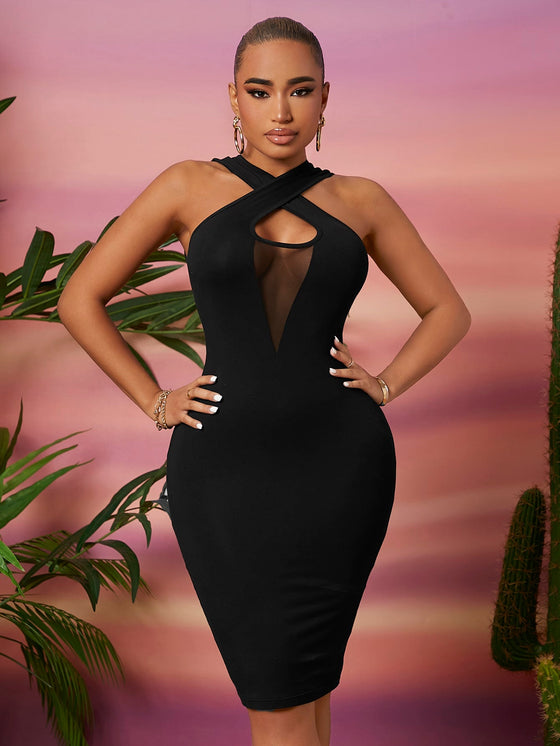 SXY Mesh Insert Crisscross Front Bodycon Dress