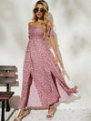 Ditsy Floral Off Shoulder Shirred Split Thigh Dress