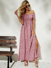 Ditsy Floral Off Shoulder Shirred Split Thigh Dress