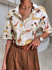  Animal Letter Print Button Front Shirt