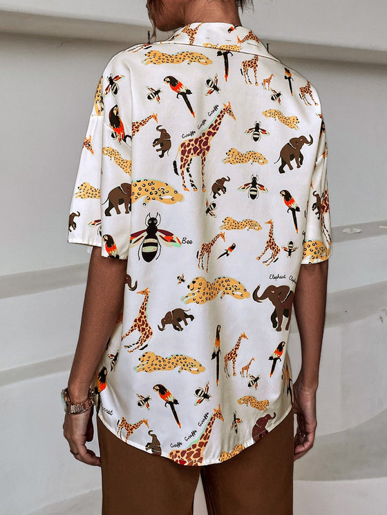 Animal Letter Print Button Front Shirt