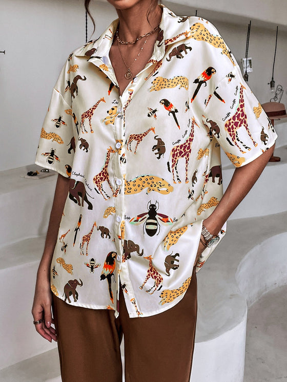 Animal Letter Print Button Front Shirt