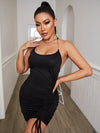 SXY Chain Halter Neck Drawstring Front Backless Bodycon Dress