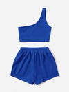 Solid One Shoulder Top Drawstring Shorts Set