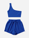 Solid One Shoulder Top Drawstring Shorts Set