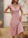 Ditsy Floral Print Shirred Ruffle Trim Dress