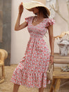 Ditsy Floral Print Shirred Ruffle Trim Dress