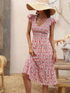 Ditsy Floral Print Shirred Ruffle Trim Dress