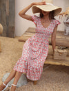 Ditsy Floral Print Shirred Ruffle Trim Dress