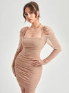 Frill Trim Gigot Sleeve Ruched Mesh Overlay Dress