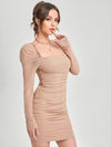 Frill Trim Gigot Sleeve Ruched Mesh Overlay Dress