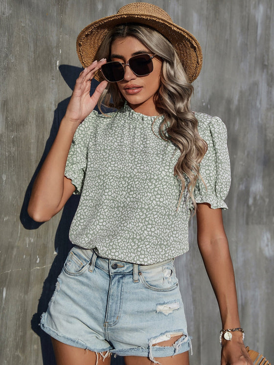 Frill Trim Leopard Print Puff Sleeve Top