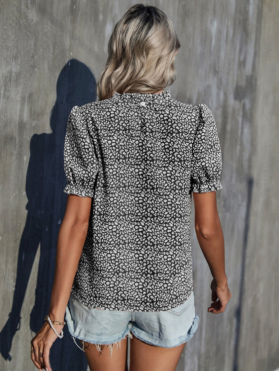 Frill Trim Leopard Print Puff Sleeve Top