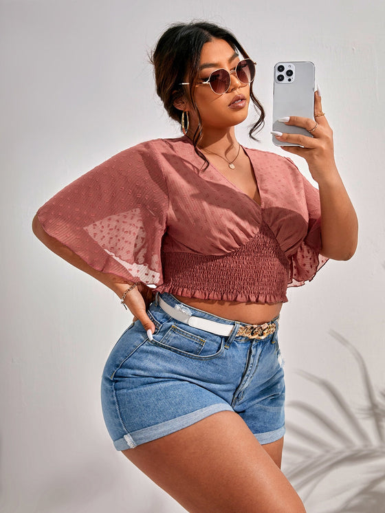 Frenchy Plus Swiss Dot Shirred Crop Blouse