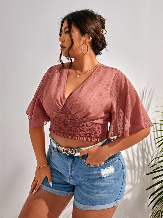 Frenchy Plus Swiss Dot Shirred Crop Blouse