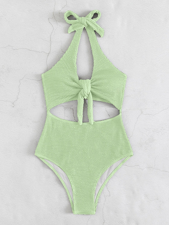 Textured Knot Front One Piece Swimsuit