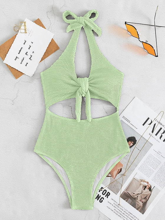 Textured Knot Front One Piece Swimsuit