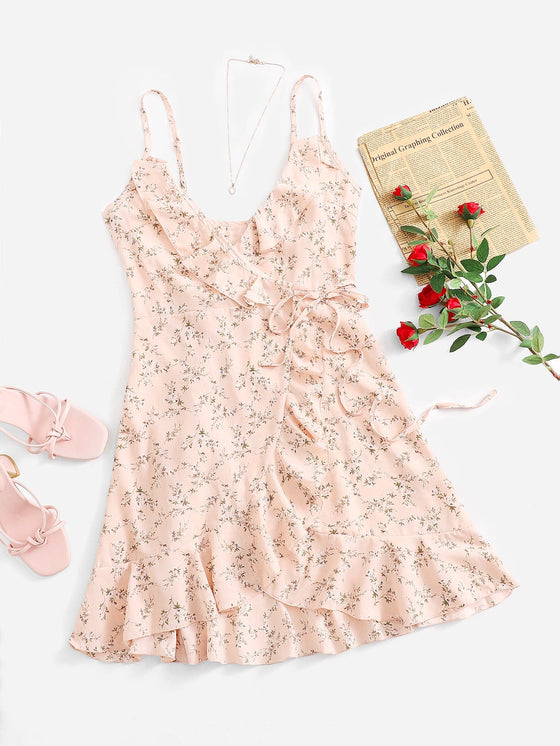 Ditsy Floral Ruffle Trim Wrap Knot Slip Dress