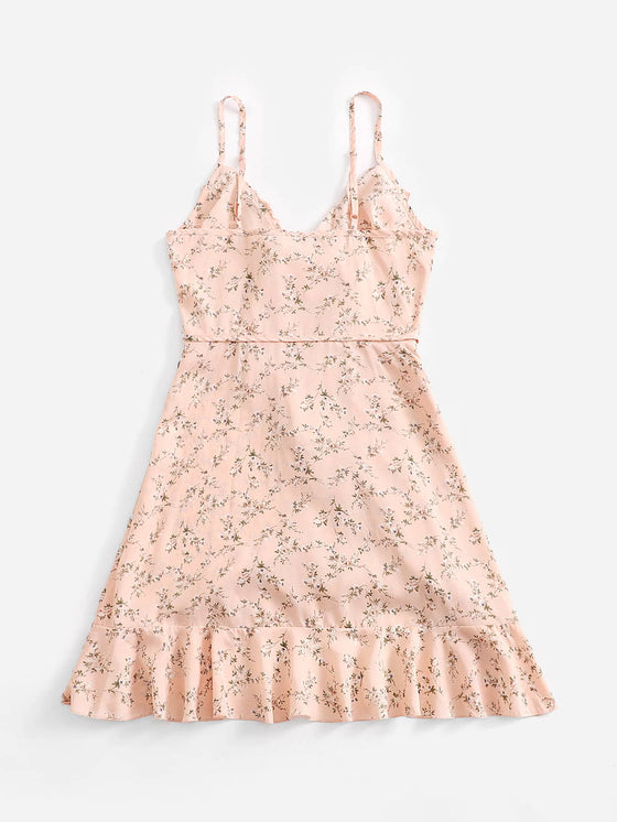 Ditsy Floral Ruffle Trim Wrap Knot Slip Dress