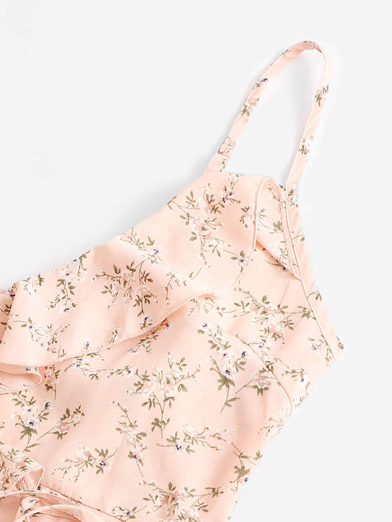 Ditsy Floral Ruffle Trim Wrap Knot Slip Dress