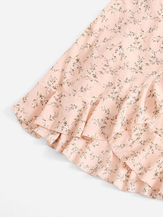 Ditsy Floral Ruffle Trim Wrap Knot Slip Dress