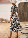 Allover Print Puff Sleeve Ruffle Hem Wrap Knot Side Dress