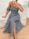 Gingham Print Off Shoulder Shirred Split Thigh Dress